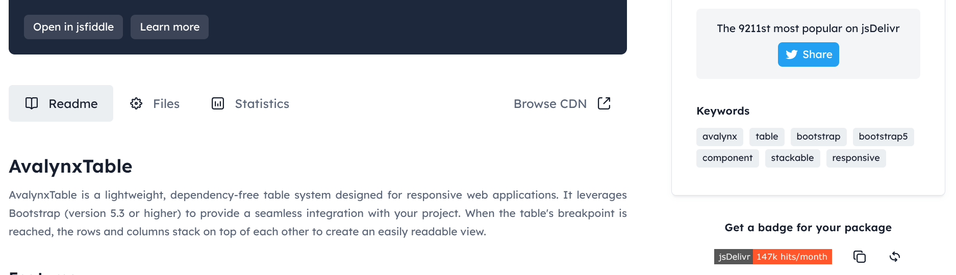 Avalynx-Table in den jsDelivr CDN Top 10.000
