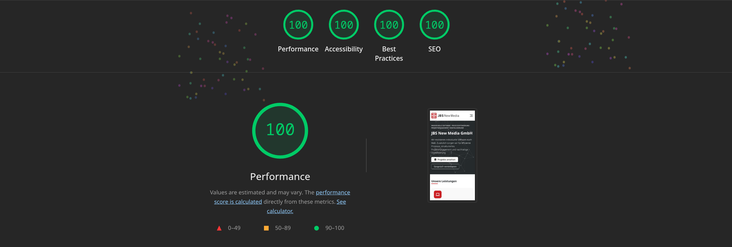 Google Lighthouse Mobile Score: 100% Performance, Barrierefreiheit, Best Practices und SEO Google Lighthouse Mobile Score: 100% Performance, Barrierefreiheit, Best Practices und SEO
