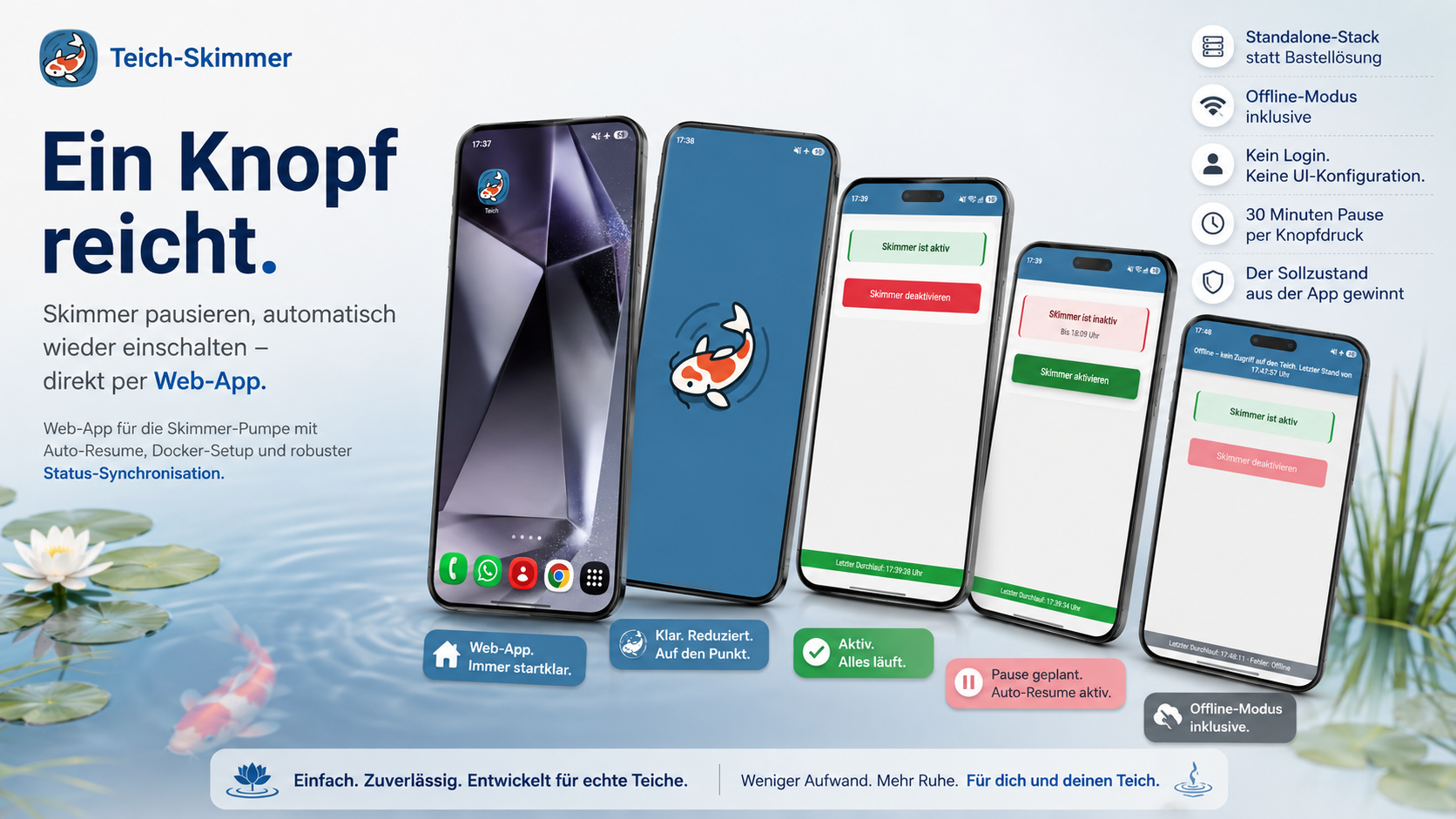 Fische füttern ohne Filter-Kampf: Teich-Skimmer per App pausieren – jetzt auch offline